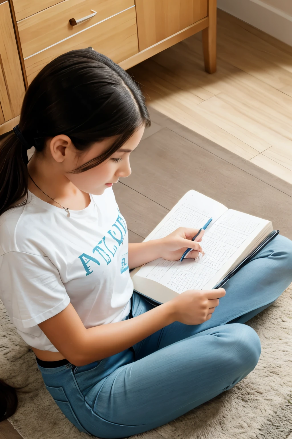 Girl studying on floor and writing in notebook 