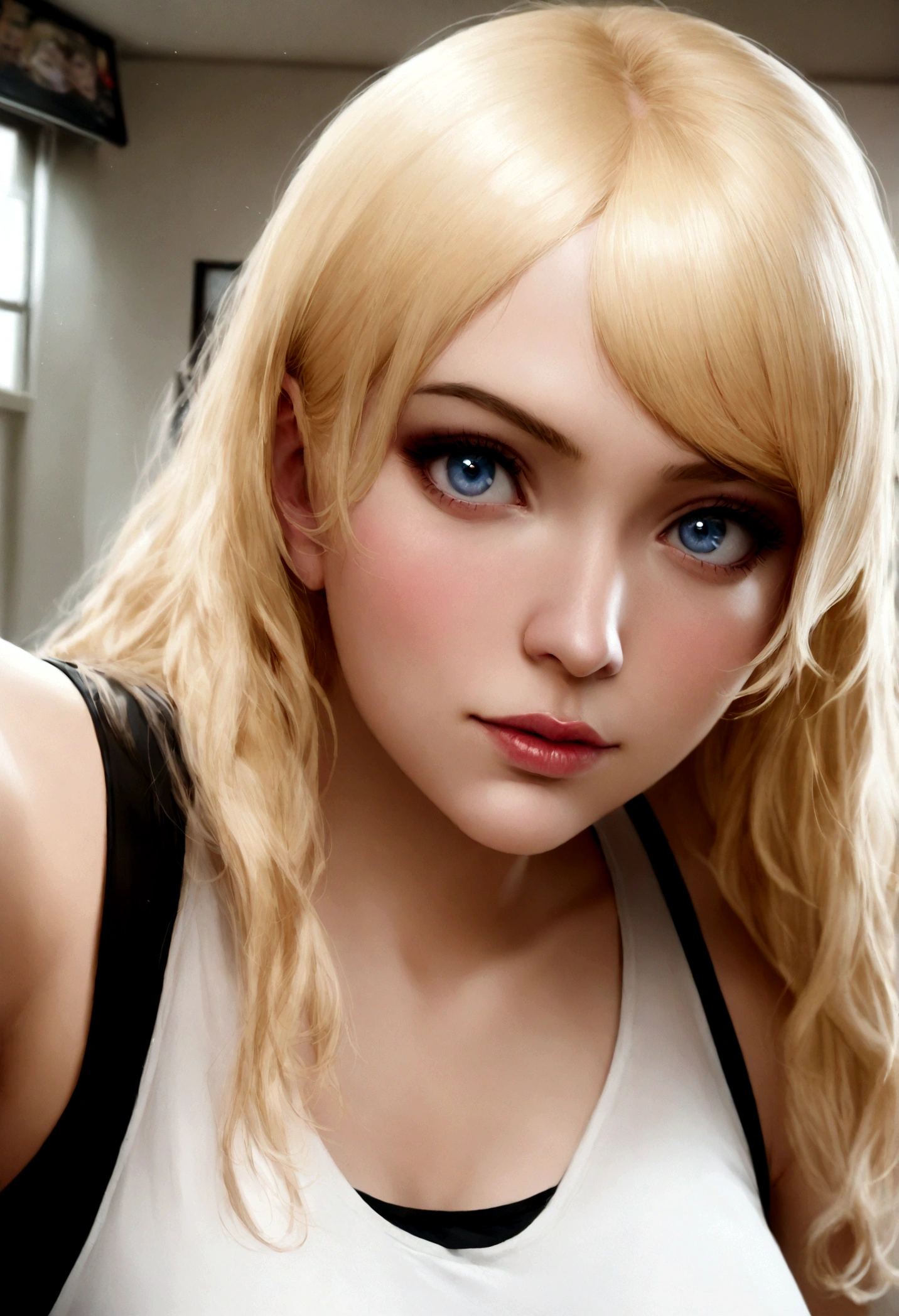 Woman with matching tank top and panties, Sexy girl with blue eyes, portrait sophie mudd, Portrait de Corinna Kopf, blonde hair and large eyes, Selfie einer jungen Frau, ohne Make-up, Natural makeup, Blick direkt in die Kamera, Gesicht mit Artgram, dezentes Make-up, Great full body photo, im Club, big , Blond, realistic