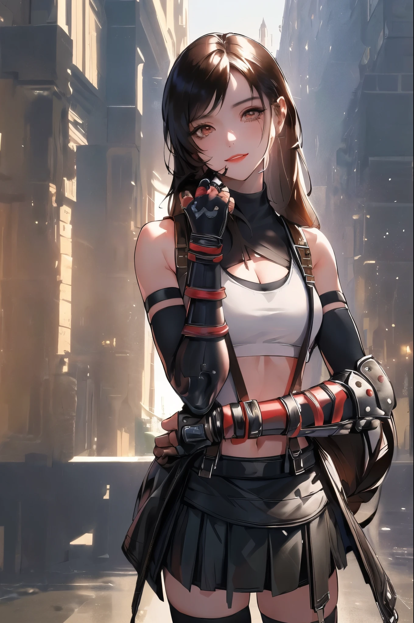 masterpiece, best quality, 7rtifa, crop top, arm guards, fingerless gloves, suspenders, pleated miniskirt, black thighhighs, upper body, cute pose, (leaning tower of pisa) in background, looking at viewer, smile