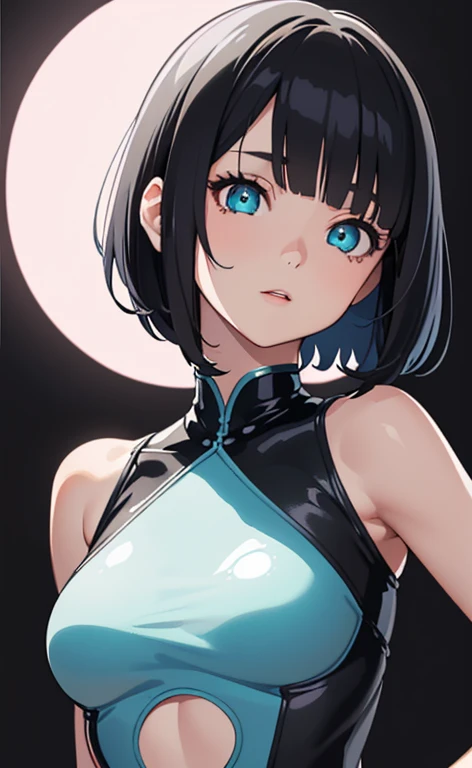 (Photorealistic:1.4)、(,20-year-old:1.5),(masterpiece、Blue lens flare:1.5、spot light:1.2、Exquisite beautiful eye:1.5,portlate),(kind eyes、tareme:1.9),()、Cute Face、 3D Face、(black hair:1.5)、(short hair:1.5),(sidelock :1.5),(blunt bangs:1.3),(1 woman)、(aqua eyes:1.2)、(upper body:1.5)、(clear face:1.5)、(gradient eyes:1.2),(head tilt) ,(Cute face:1.2),(flat chest),(),kind face,(pink Bodysuit with open chest1.5),(black background:1.5)、()、()、 Neat and clean、Adorable、Demure,Slim Body(),Shiny Hair、()、