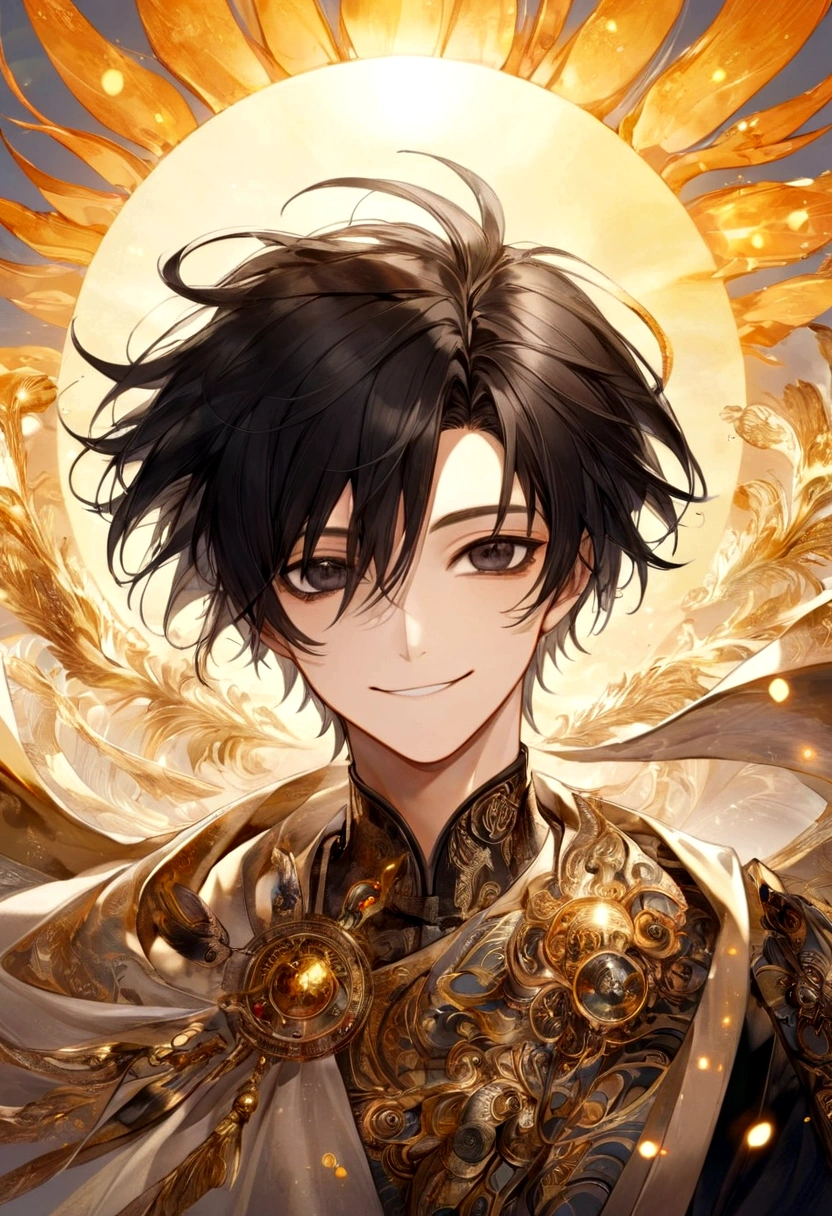 Male, Black Hair, Black Eyes, Sun Element, Smiling