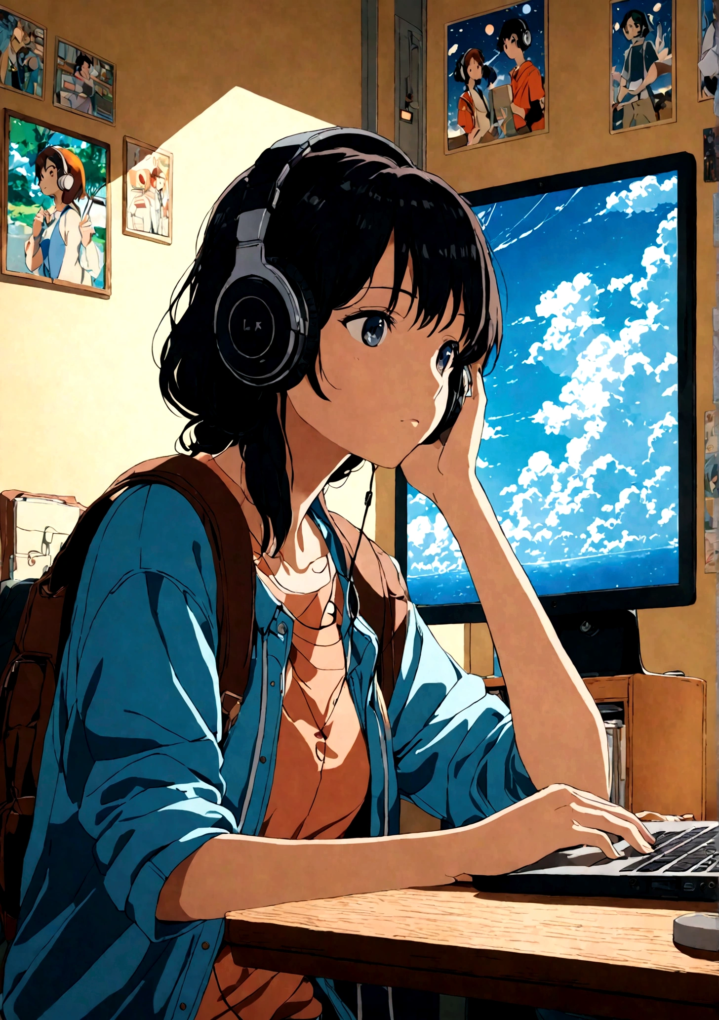 (8K,highest quality, Ultra-high resolution:1.5, masterpiece:1.3),anime girl sitting at a desk With headphones on and looking at a laptop, Lo-fi Girl, Portrait of Rofi, Digital anime illustration, Makoto Shinkai style, Anime atmosphere, Lo-fi art style, Makoto Shinkai's art style, Digital anime art, With headphones, I like anime, Anime Girl Profile, High quality anime art style, Cute girl anime visuals