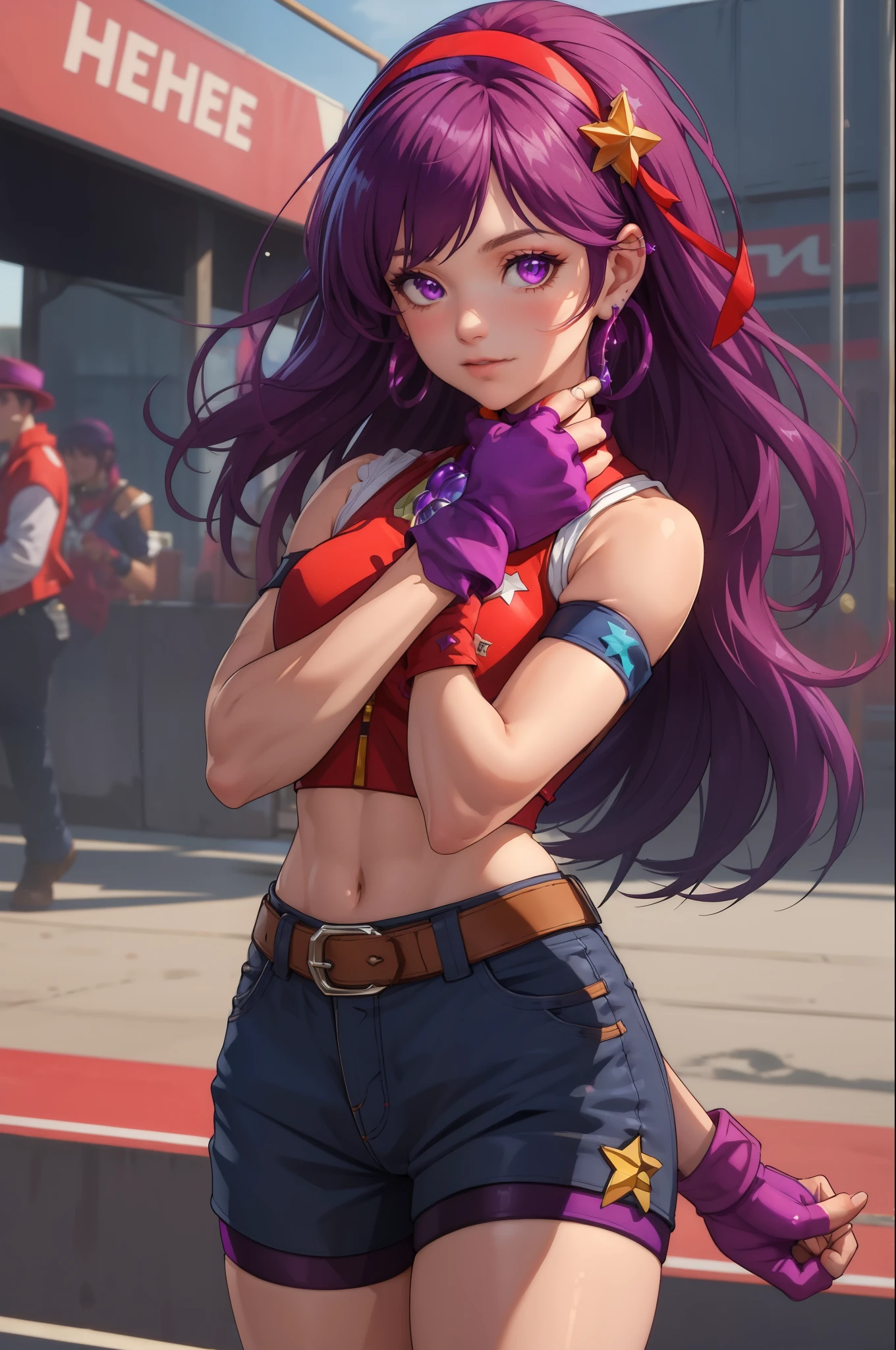 (masterpiece, best quality:1.2), cowboy shot,1girl,solo,purple hair,fingerless gloves,purple eyes,long hair,blue bike shorts,red crop top,star hair ornament,jewelry,earrings,hair ornament,white hairband