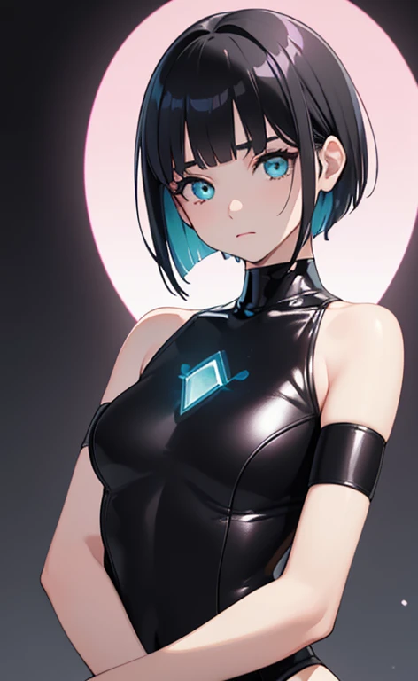 (Photorealistic:1.4)、(,20-year-old:1.5),(masterpiece、Blue lens flare:1.5、spot light:1.2、Exquisite beautiful eye:1.5,portlate),(kind eyes、tareme:1.9),()、Cute Face、 3D Face、(black hair:1.5)、(short hair:1.5),(sidelock :1.5),(blunt bangs:1.3),(1 woman)、(aqua eyes:1.2)、(cowboy shot:1.5)、(clear face:1.5)、(gradient eyes:1.2),(head tilt) ,(Cute face:1.2),(flat chest),(),kind face,(pink Bodysuit with open chest1.5),(black background:1.5)、()、()、 Neat and clean、Adorable、Demure,Slim Body(),Shiny Hair、()、