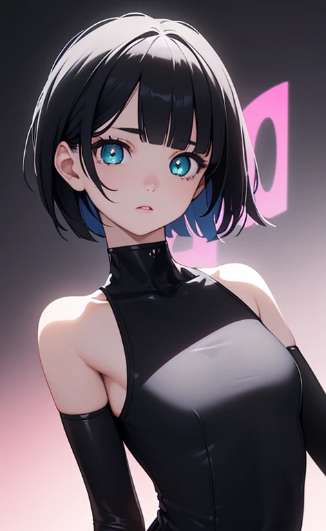 (Photorealistic:1.4)、(,20-year-old:1.5),(masterpiece、Blue lens flare:1.5、spot light:1.2、Exquisite beautiful eye:1.5,portlate),(kind eyes、tareme:1.9),()、Cute Face、 3D Face、(black hair:1.5)、(short hair:1.5),(sidelock :1.5),(blunt bangs:1.3),(1 woman)、(aqua eyes:1.2)、(upper body:1.5)、(clear face:1.5)、(gradient eyes:1.2),(head tilt) ,(Cute face:1.2),(flat chest),(),kind face,(pink Bodysuit with open chest1.5),(black background:1.5)、()、()、 Neat and clean、Adorable、Demure,Slim Body(),Shiny Hair、()、