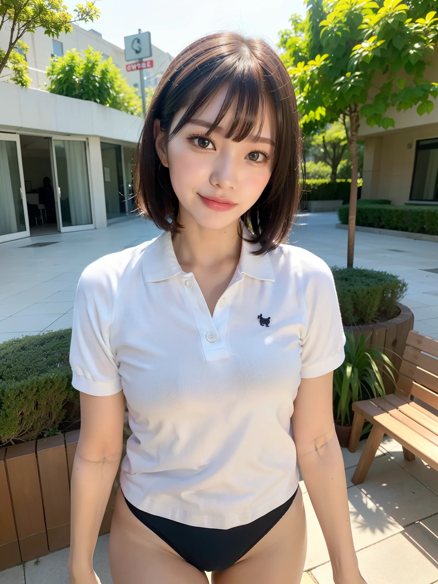 ((Best of the highest quality, 8k, Masterpiece: 1.3, raw photo)), Sharp focus: 1.2, (1 AESPA, slim body type female, 21 y/o: 1.1), (Solo: 1.2), (realistic, photo-realistic:1.37), face focus, cute face, finely eyes, (droopy eyes: 1.32), (Emphasize prominent aegyo-sal with bright: 1.2), shimmering eyeshadow applied under the lower lash line, paired with thick, (small breasts, flat chest, Thigh: 1.3), (short bob, bangs: 1.28), (polo shirt, neat panties: 1.32), walking terrace office, sun light, flower,