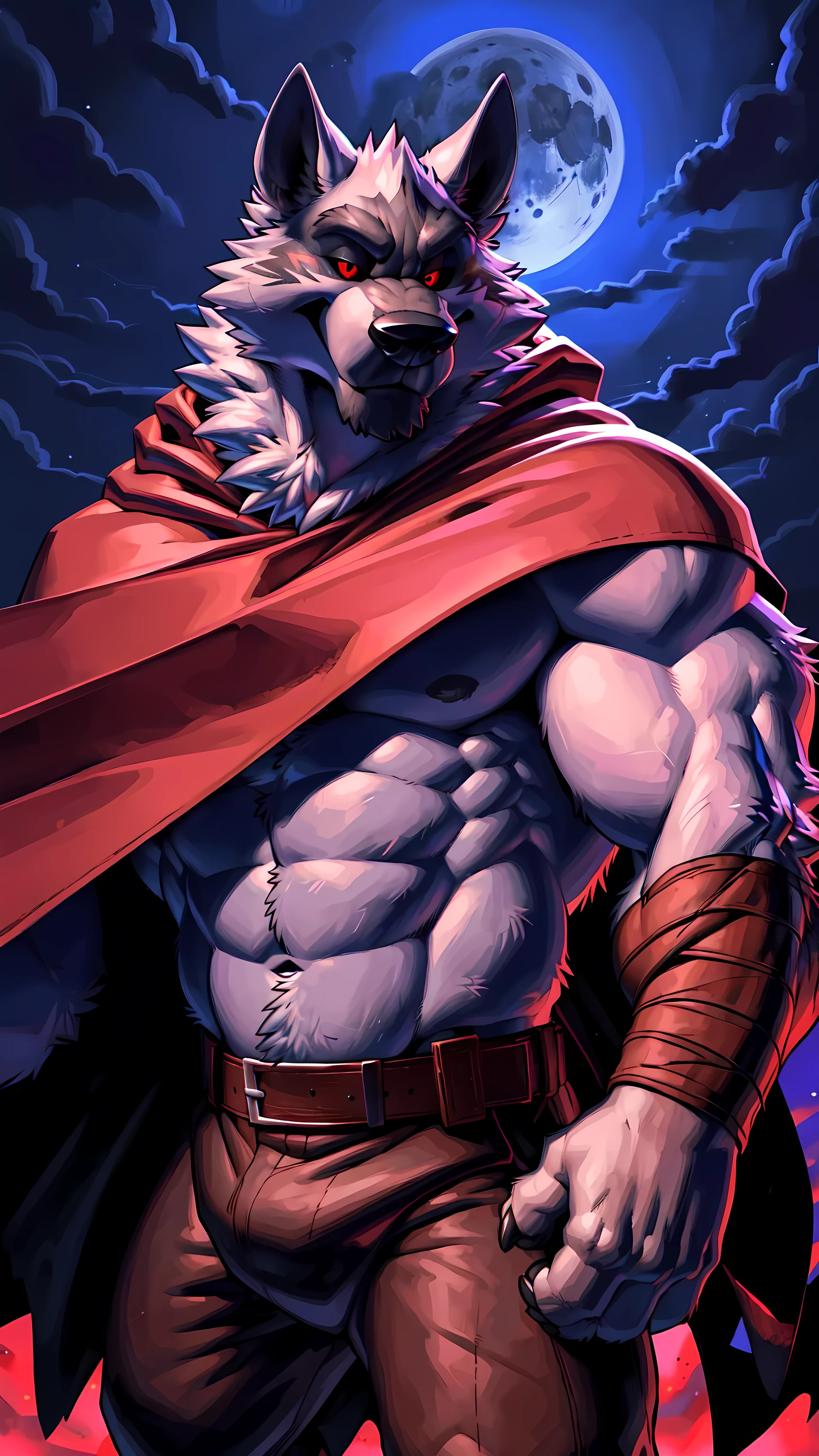 deathwolf, 4k, high resolution, best quality, detailed, posted on e621, solo, anthro body, male, very masculine, (very muscular, strong pectorals, defined muscles, sixpack):1.0, (night background, dark background, big moon, full moon, fog, clouds, backlight:1.1), correct anatomy, (red eyes, black sclera, detailed eyes:1.1), detailed face, (cel shaded, cartoony shading, strong shadows, dramatic lighting):1.3, confident, (by takemoto arashi, by meesh, by Taran Fiddler), strong, (half body, upper body:1.1), mwvector, belt, black pants, strong posture, poncho, cape