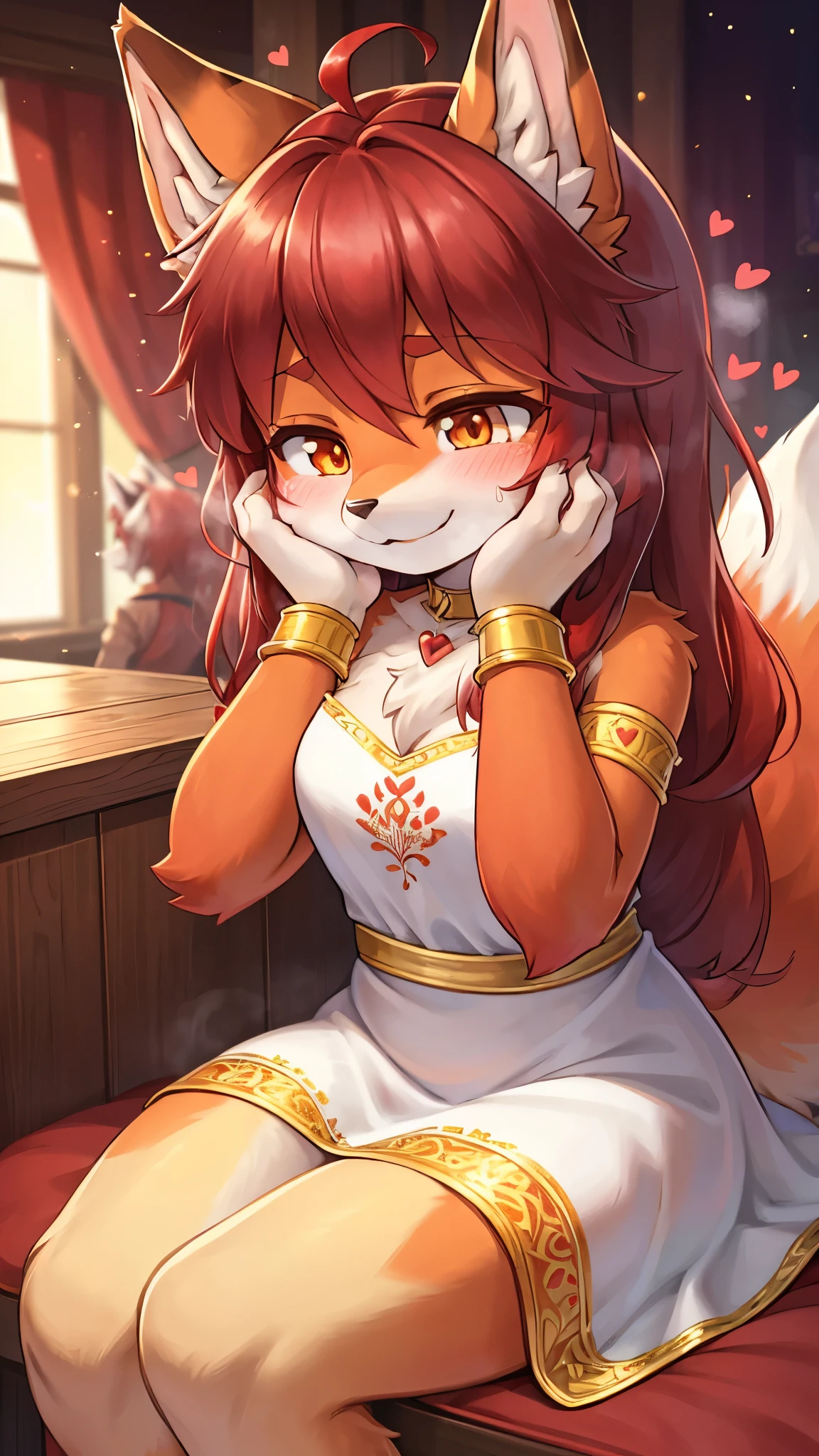 best quality,best resolution,(fluffy anthro furry :1.6),(young :1.8),fox girl,flat chest,(red hair :1.6),long hair,wavy hair,orange eyes,glistering eyes,sparkle eyes,ultra detailed eyes,(orange fur),(white dress with gold embroidery),heart choker,floral hair ornaments,gold bracelets,gorgeous restaurant,chanderia,sparkle stars surrounded,romantic light,full face blush,looking at viewer,heart expression eyes,heart eyes,heavy breath,passionated face,smile,very closed eyes,sitting,hands on face
