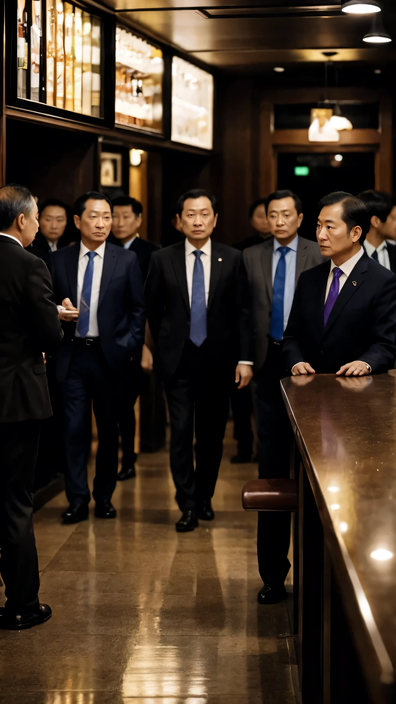 A bar crowded with middle-aged men in suits on their way home from work、A space filled with the smell of aging、Everyone is standing、Everyone is facing this way