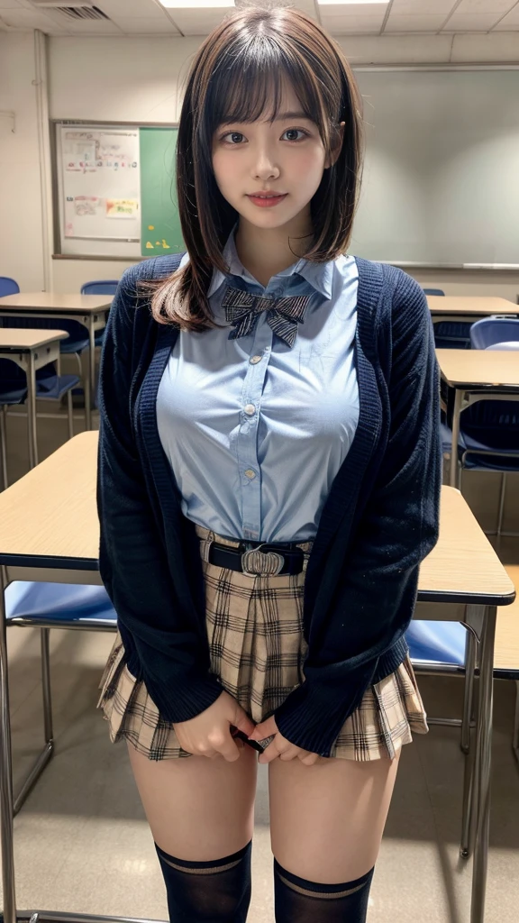masterpiece, best quality, illustration, Super detailed, fine details, High resolution, 8K,wall paper, perfect dynamic composition,(Details High quality, realistic depiction of eyes:1.3), High School Classroom、High school girl uniform、Cardigan、Super Short Check Uniform Skirt、Navy blue high socks、garterbelts、Colossal tits、Disturbed uniform、short bob hair, black hair color, Big Natural Color Lip, bold sexy pose, (perfect body shape), crying a little、Harajuku style、20 year old girl、cute type, beautiful legs, hposing Gravure Idol, Voluptuous thighs