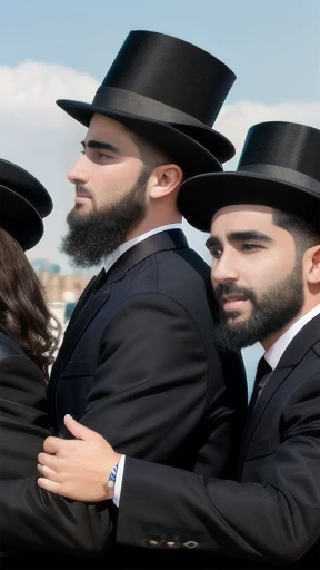 Group of haredi Stylish hair men gathered focus on faces.