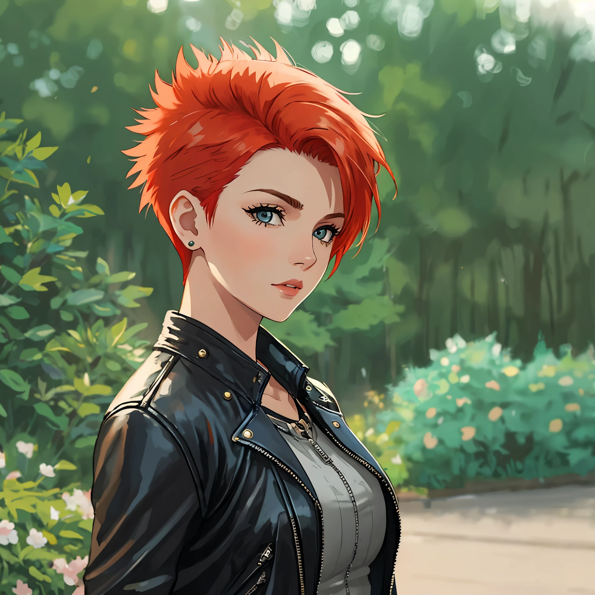 a woman, elsjn, redhead,(mohawk haircut:1.2), , leather jacket, posing, hdr, cinematic