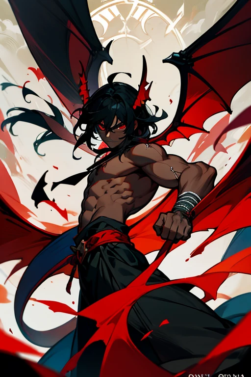 Muscular man black skin dark lord with wings and dragon tail, cabello negro, ojos oscuros con pupila roja