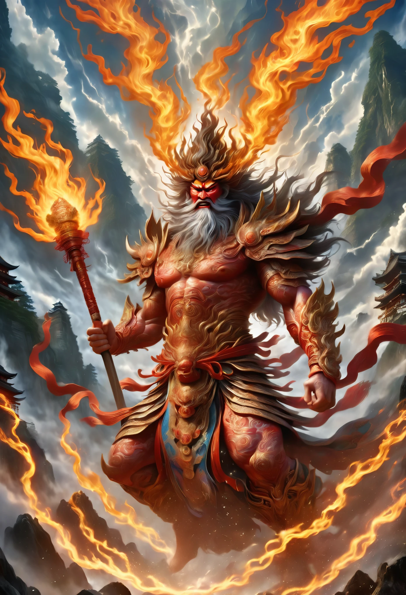 a powerful wrathful deity,angry deity,fierce deity,protector deity,divine guardian,spiritual guide,fierce expression,muscular body,robe of flames,ornate armor,protective aura,enlightened wisdom,spiritual enlightenment,transcendental power,wrathful energy,high detailed,photorealistic,cinematic lighting,dramatic composition,divine intervention,traditional japanese art,digital painting,ultra detailed