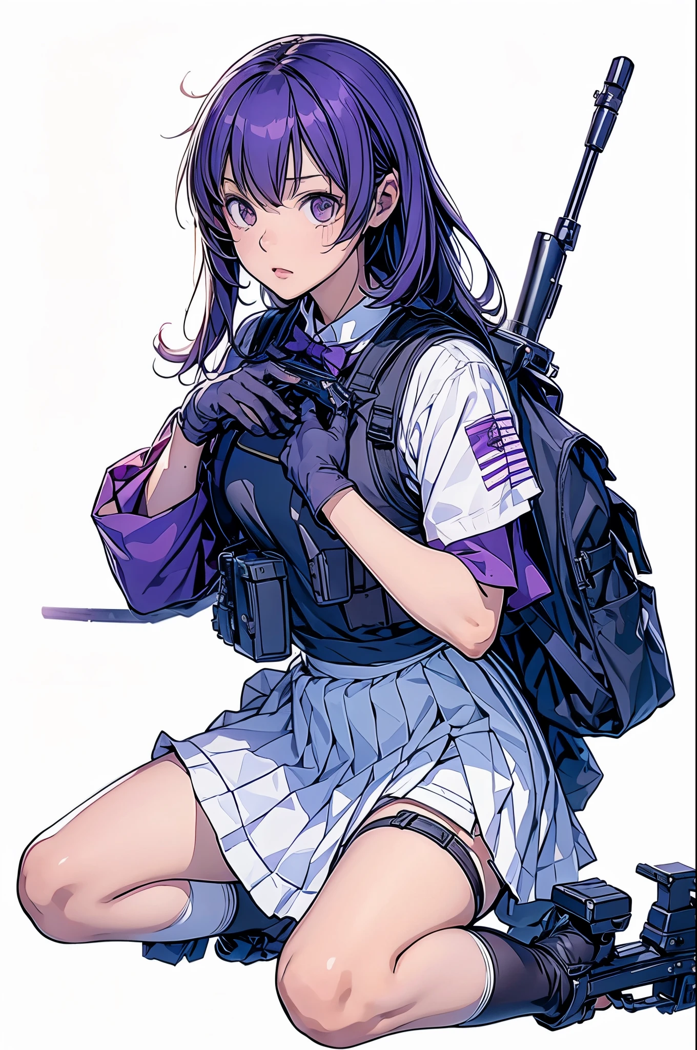 1girl, solo, short hair, skirt, shirt, gloves, white background, bow, holding, , purple eyes, white shirt, weapon, purple hair, pleated skirt, shoes, black gloves, socks, bowtie, holding weapon, gun, sneakers, holding gun, armband, rifle, grey skirt, headset, assault rifle, grey gloves, load bearing vest