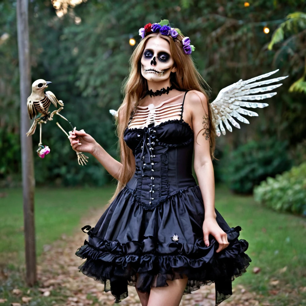 topless zombie girl, long bloody hair, seductive eyes, mysterious expression, mature appearance, charming dress, flowing short dress, elegant jewelry, intricate decoration, magic symbols, glowing accessories, potions, scrolls, cute accents, bows, ribbons, flowers, birds, skeleton