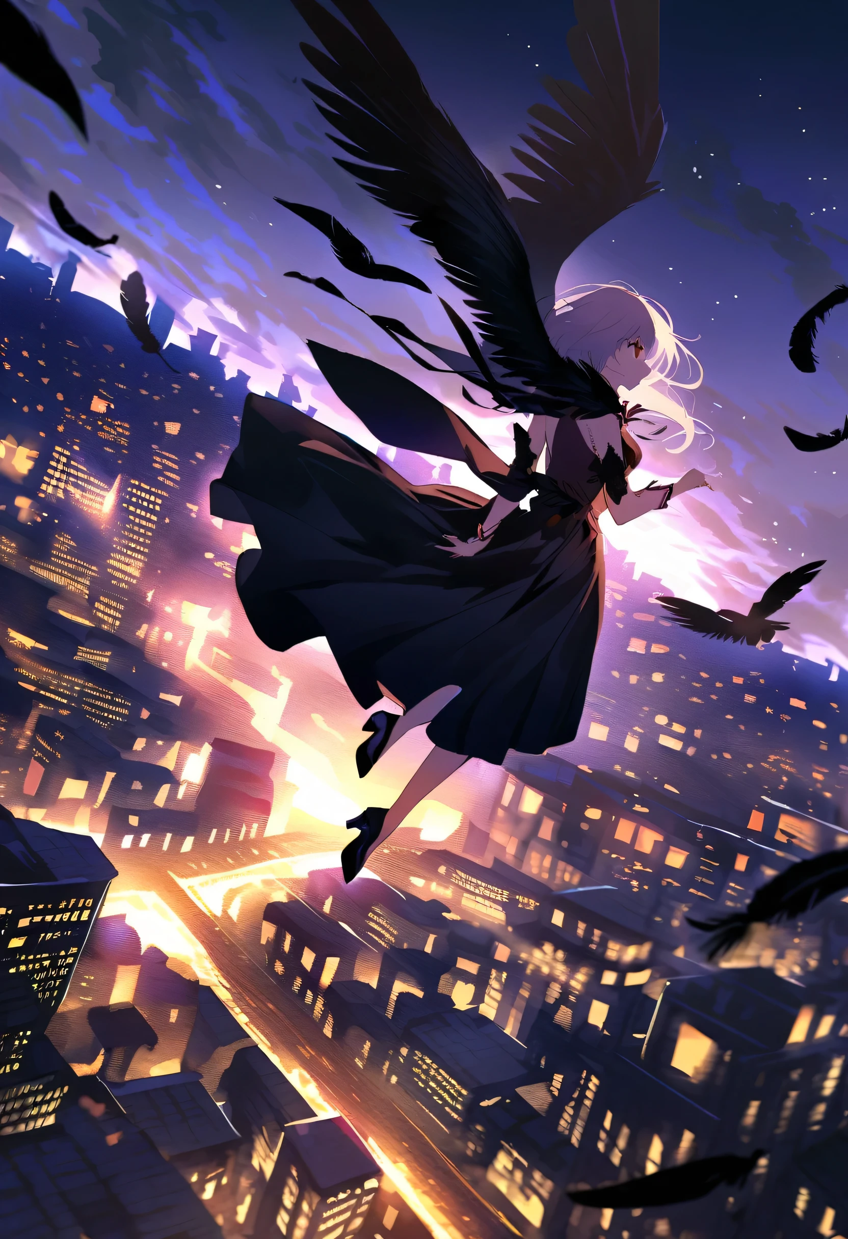The image depicts a female angel floating above a city at night.。. The city lights shine golden、Create a dramatic atmosphere, Its delicate presence and black feathers contrast with the urban environment.。. Women seem protective and cautious.
