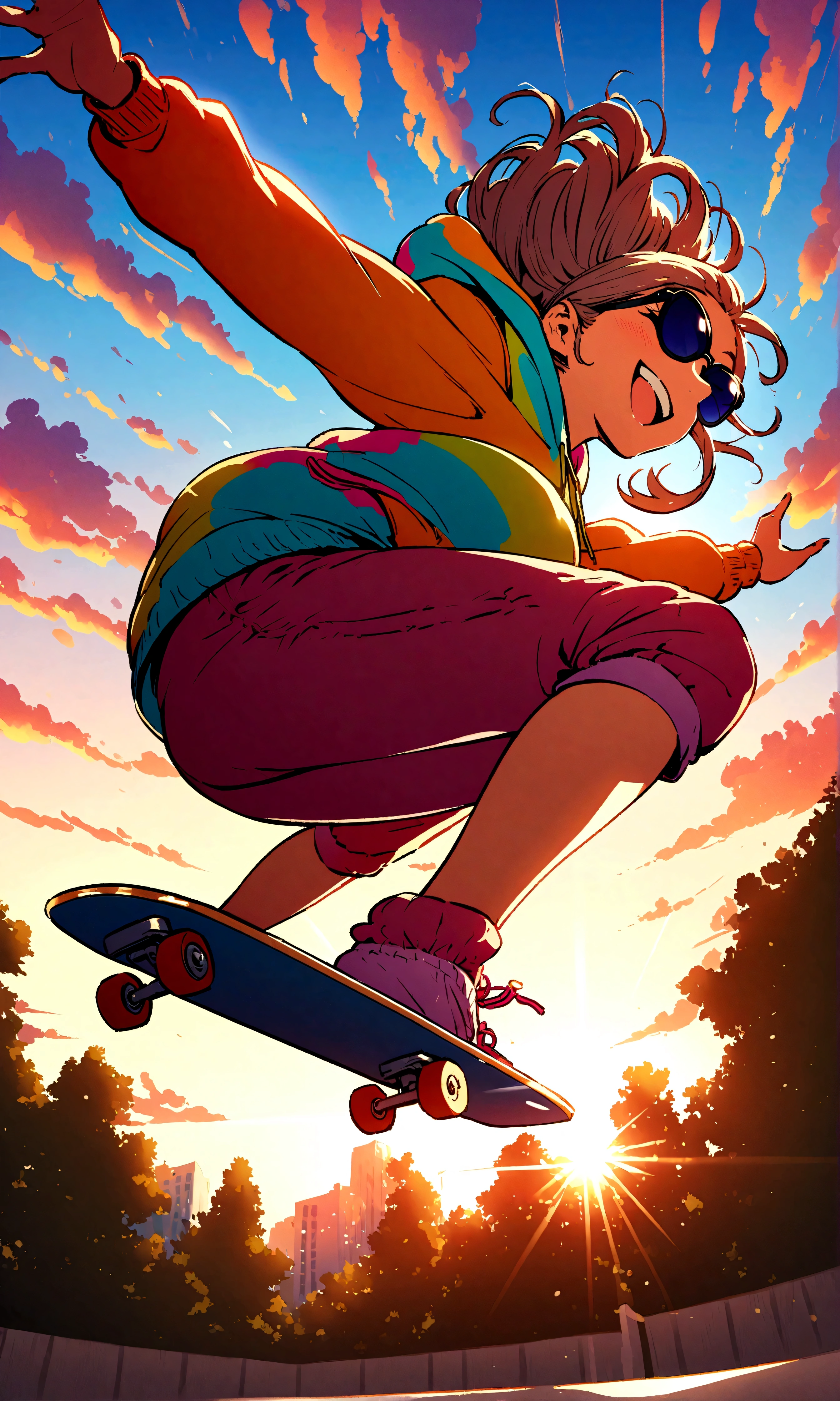 grainy,(extremely detailed:1.2), natural lighting,dynamic lighting, afternoon, crazy, girl skateboarding in park jumping over, extremely colorful clothing, hoodie, warm colors, smiling, sunglasses, capri pants,