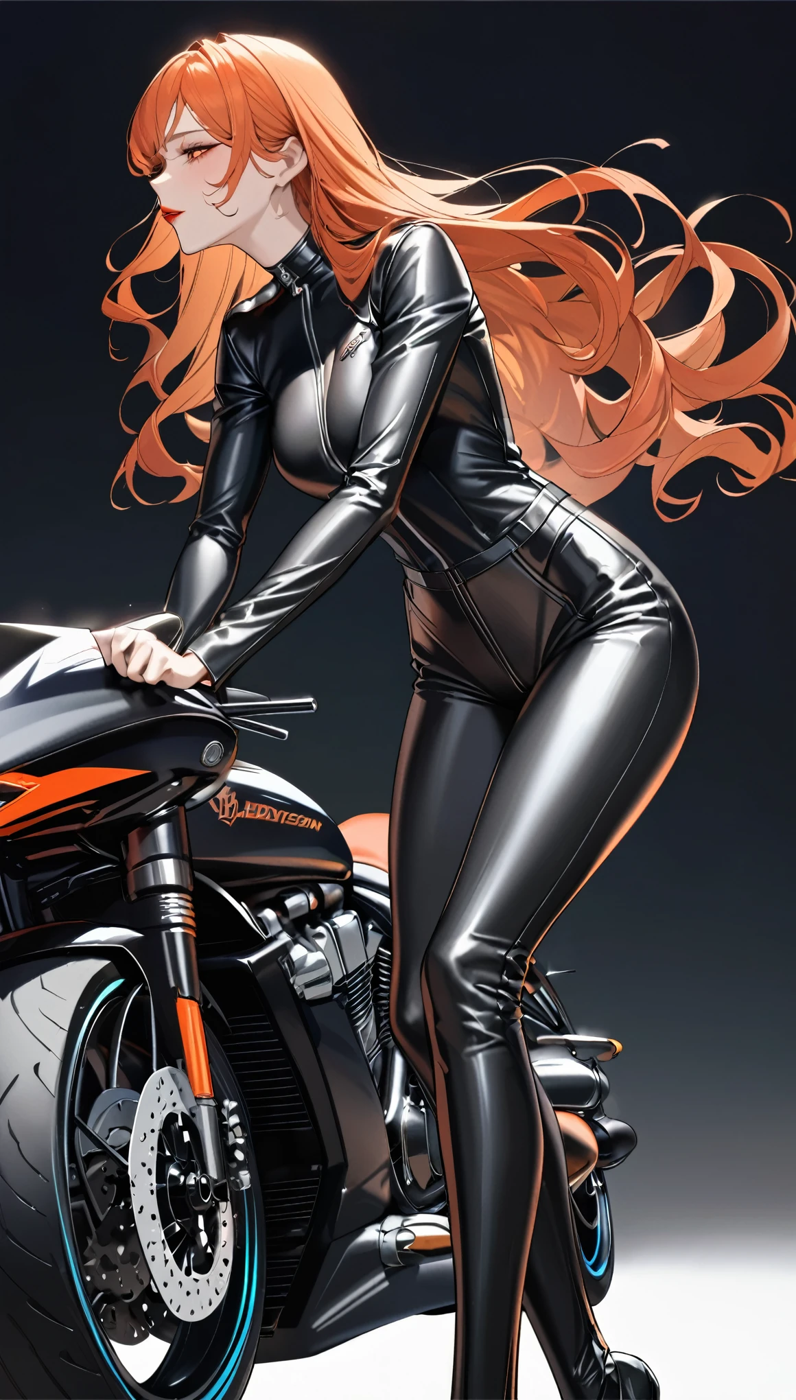 best quality, super fine, 16k, incredibly absurdres, extremely detailed, delicate and dynamic, cool and beautiful pretty lady, orange wavy hair, crimson lips, captivating look, aroused expression, superlative body proportion, tall, wearing fitted motorcycle black leather jumpsuit, beautiful pose, Harley Davidson