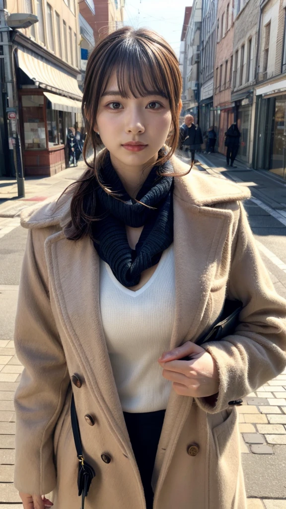 blush,random hair,big ribbon in her hair,(8k, RAW photo, highest quality, pieces fly:1.2), (reality, realistic:1.4), ,sharp focus on huge tits, written boundary depth, cinematic lighting, soft light, Details beauty eye,shiny and smooth skin, asymmetrical bangs, shiny skin, super dense skin ,High resolution, high detail, detailed hairstyle, detailed beauty face, hyper real, perfect limbs, perfect ??????? ,1 Japanese girl,famous japanese idol, perfect female body,crying a little, short eyelashes,double eyelid,look straight here,,wear a ribbon, wearing a scrunchie,wearing a long coat,street,stand up straight and face me,so that the whole body can be seen,winter,warm clothes,look straight at me,wearing a scarf,european cityscape,cobblestone road,big chest、wearing earrings