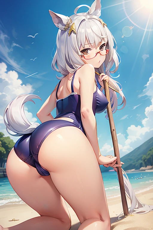 biwa hayahide \(umamusume\), under rim glasses, wearing a blue swimsuit, all fours, looking back, stick out , nsfw