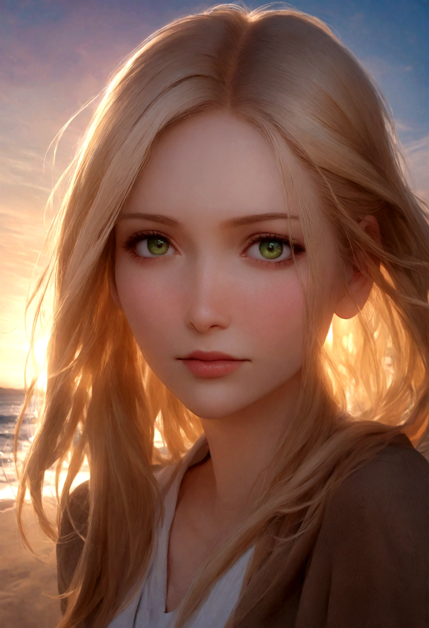 A photorealistic portrait of a 27-year-old Russian woman with long blonde hair and green eyes. it must have a natural expression, accessible and be illuminated by a soft sunlight of a golden hour. The background should be a picturesque outdoor setting, a sunny park or a beach. Capture this image with a high resolution photo using a 85 mm lens for a flattering perspective