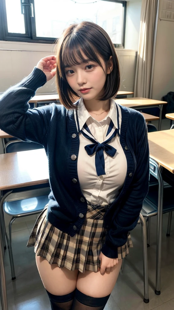masterpiece, best quality, illustration, Super detailed, fine details, High resolution, 8K,wall paper, perfect dynamic composition,(Details High quality, realistic depiction of eyes:1.3), High School Classroom、High school girl uniform、Cardigan、Super Short Check Uniform Skirt、Navy blue high socks、garterbelts、Colossal tits、Disturbed uniform、short bob hair, black hair color, Big Natural Color Lip, bold sexy pose, (perfect body shape), crying a little、Harajuku style、20 year old girl、cute type, beautiful legs, hposing Gravure Idol, Voluptuous thighs