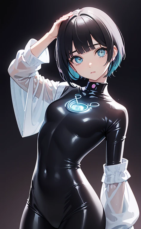 (Photorealistic:1.4)、(,20-year-old:1.5),(masterpiece、Blue lens flare:1.5、spot light:1.2、Exquisite beautiful eye:1.5,portlate),(kind eyes、tareme:1.9),()、Cute Face、 3D Face、(black hair:1.5)、(short hair:1.5),(sidelock :1.5),(blunt bangs:1.3),(1 woman)、(aqua eyes:1.2)、(cowboy shot:1.5)、(clear face:1.5)、(gradient eyes:1.2),(head tilt) ,(Cute face:1.2),(flat chest),(),kind face,(pink Bodysuit with open chest1.5),(black background:1.5)、()、()、 Neat and clean、Adorable、Demure,Slim Body(),Shiny Hair、()、