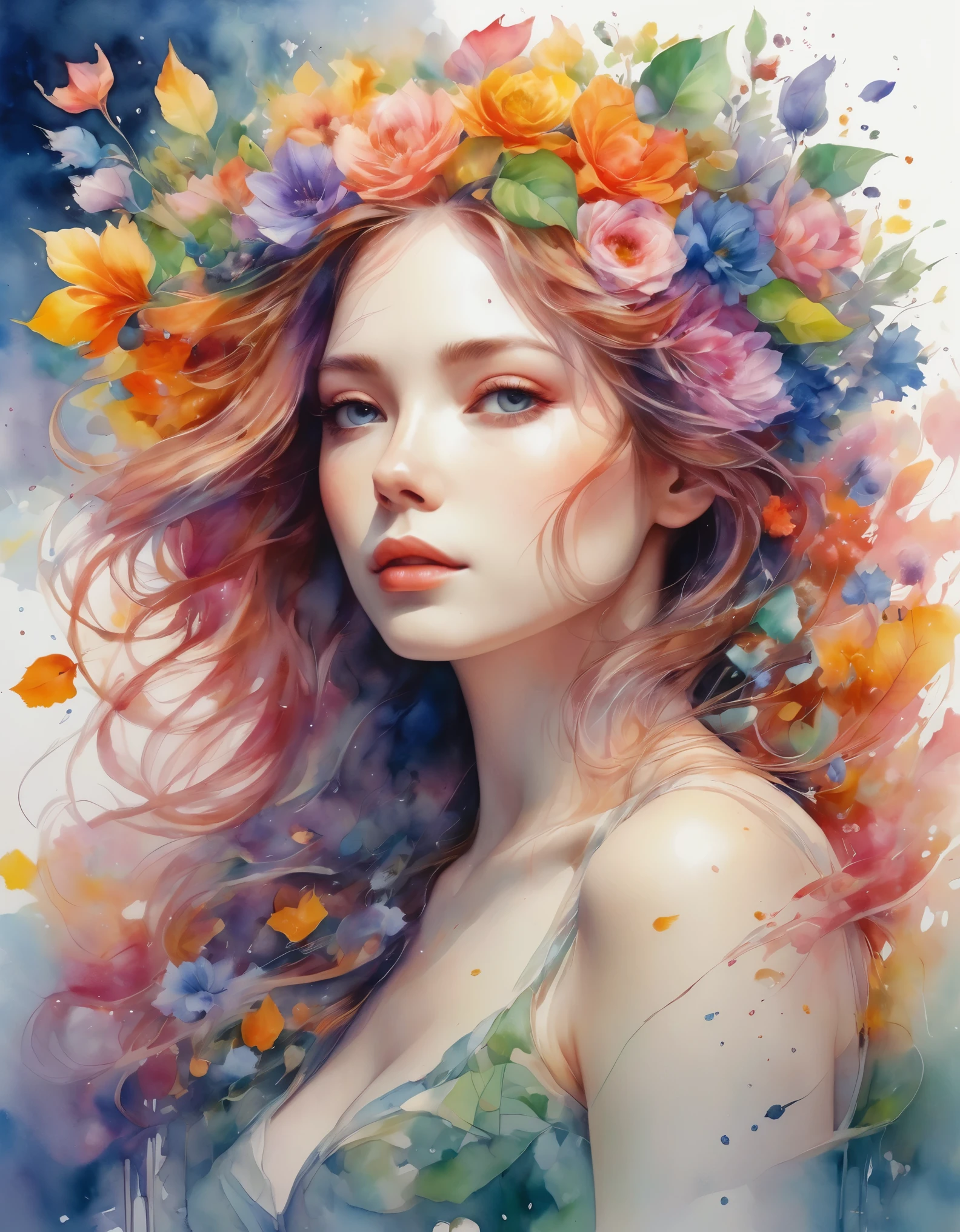 high quality, 8K Ultra HD, high detailed, Watercolor, wash technique, colorful, A painting with scattered paint, Painting like Agnes Cecile, blurry, pale touch, smudged outline, fairy tale (toon shading):: Beautiful woman made with flower colorage, flowers and plants, cutting and combining petals and leaves, drawing women's hair and dresses using the colors and shapes of flowers, vivid colors and nature, luminism, 3D effect, enhanced beauty, Albert Anker, Feeling like John Howe, Greg Rutkowski, Feeling like Kyoto Animation, Artgerm, WLOP, Alphonse Beeple, luminism, Isometric, awesome full color,