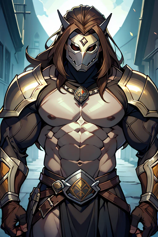 Hombre,. musculoso, long brown hair, silver armor mask, armadura de caballero de plata, pecho descubierto 
