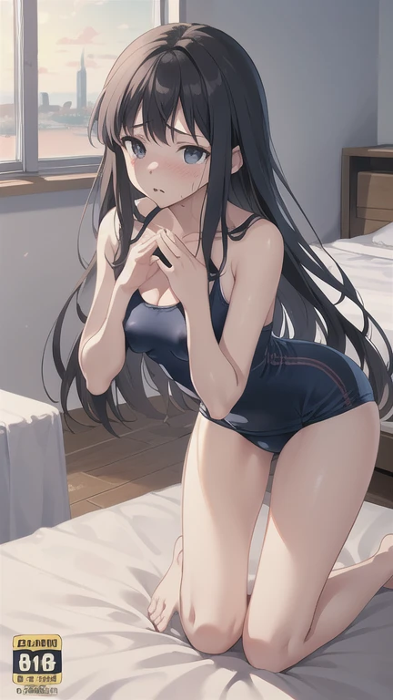 masterpiece,highest quality,High resolution,figure,Super detailed,8k CG wallpaper,Ray Tracing,(Black Hair:1.1),((Long Hair:1.1)),(black eye:1.1),Straight hair,Medium chest,(Urgent 1:0.8),Cover your chest with your hands,Leaning forward,((Embarrassing:1.2)),throw,((Kneel:1.3)),Navy one piece swimsuit,bed,Protruding nipples