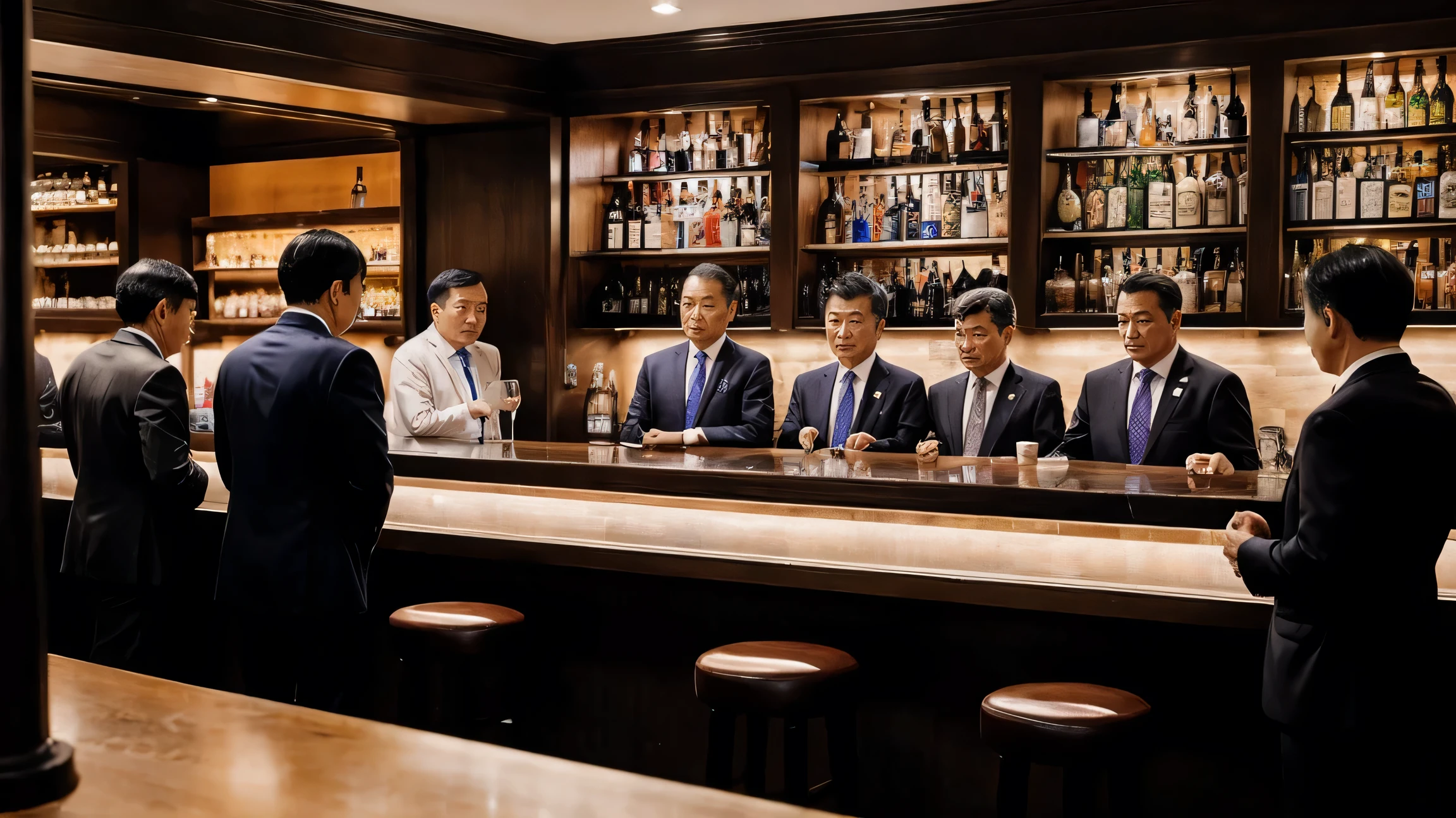 A bar crowded with middle-aged men in suits on their way home from work、A space filled with the smell of aging、Everyone is standing、