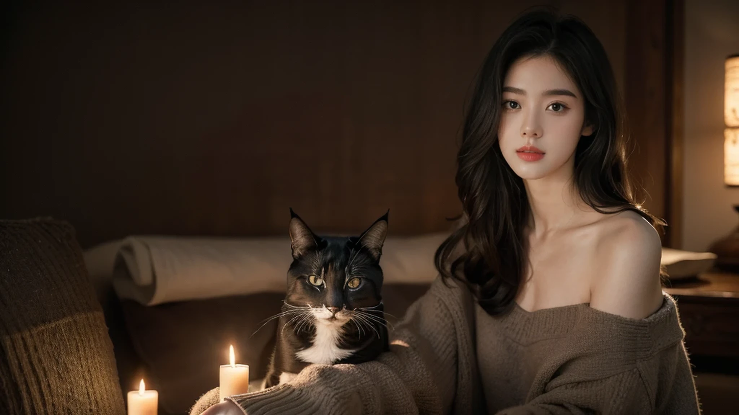 Best quality, masterpiece, Ultra-high resolution, (realistically:1.5), RAW photos, 1 cat, Lovely, in the dark night, deep shadow, low pitch, Cold Light, Sexy look,Shoulder length straight bob hair,Slim
