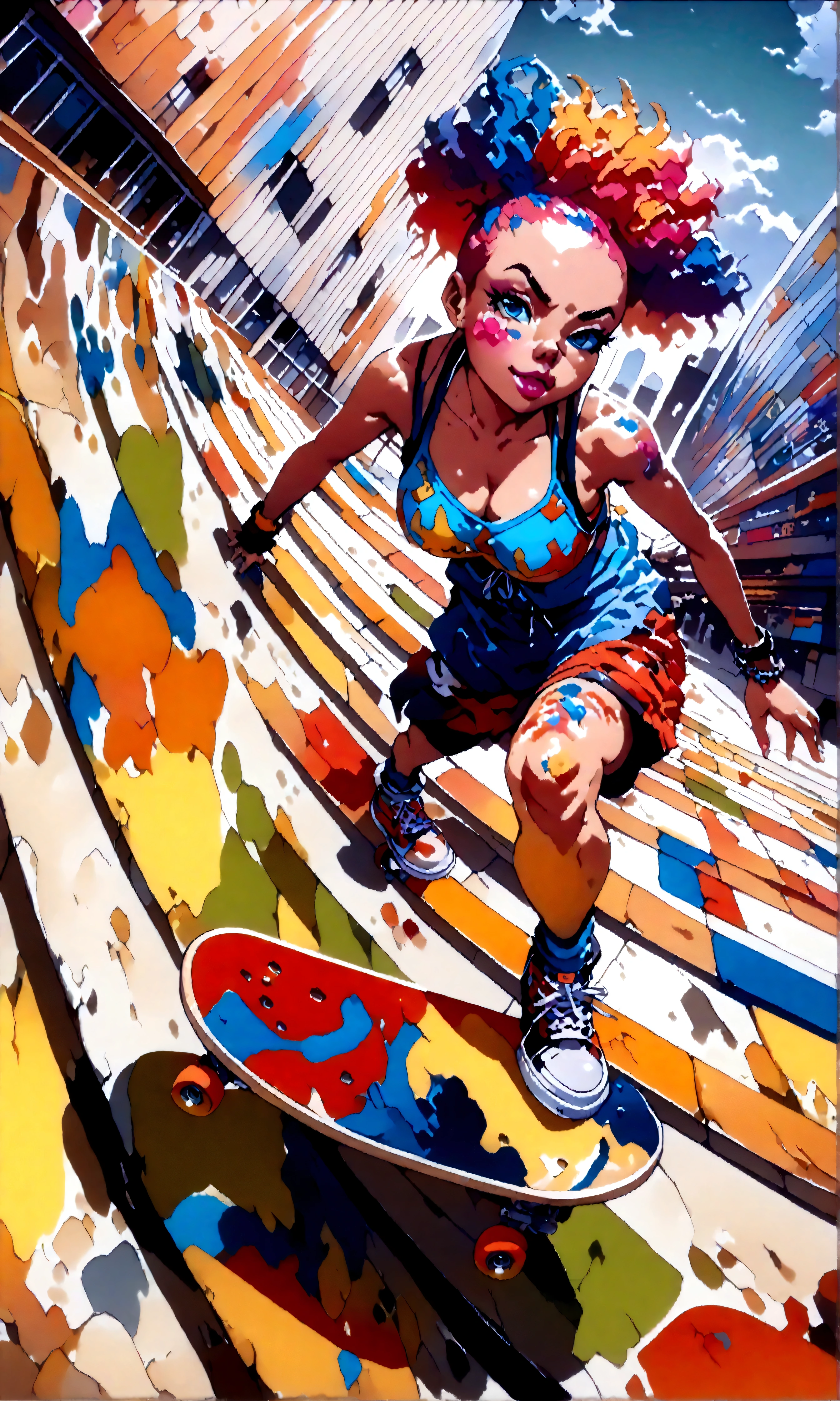 ((masterpiece)), "A conceptual illustration of an 18-year-old girl bimbo in a stylish bikini, striking a confident pose on a skateboard at a vibrant city skate park. The artwork is full of life and motion, blending urban graffiti art and bold, expressive color palettes. The scene captures the essence of youth culture and freedom, with a background of colorful murals and bustling city life. (Vibrant:1.4), (urban style:1.3), (dynamic:1.2), (skateboarding theme:1.3), (illustrative:1.5), (Digital Painting:1.4), (ArtStation trending style), (4K resolution), (Wide-Angle shot)." bimbo