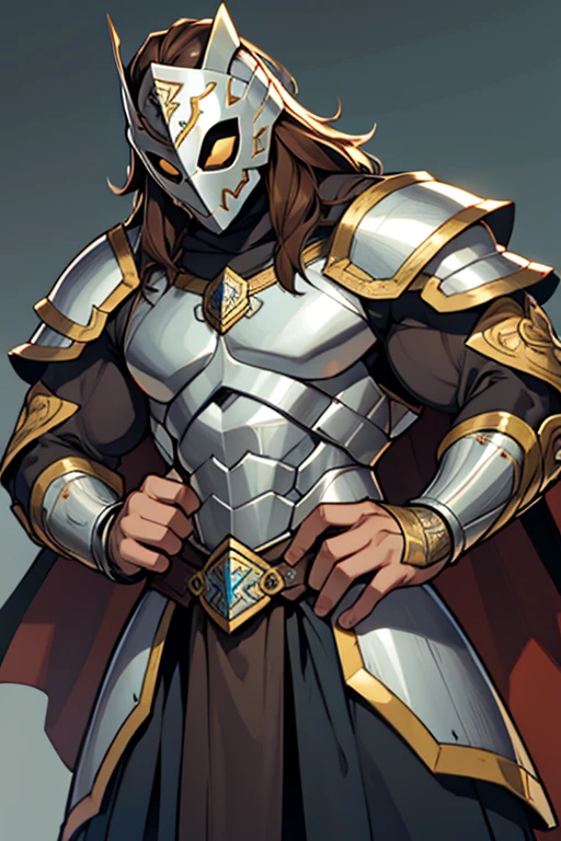 Hombre,. musculoso, long brown hair, silver armor mask, armadura de caballero de plata, pecho descubierto