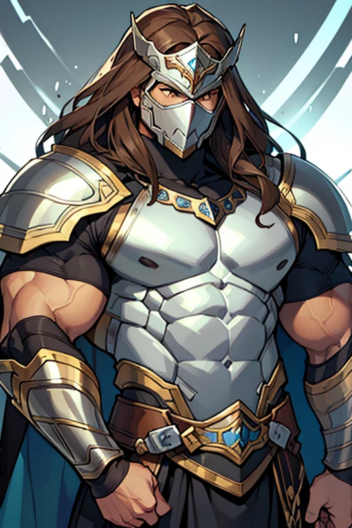 Hombre,. musculoso, long brown hair, silver armor mask, armadura de caballero de plata, pecho descubierto