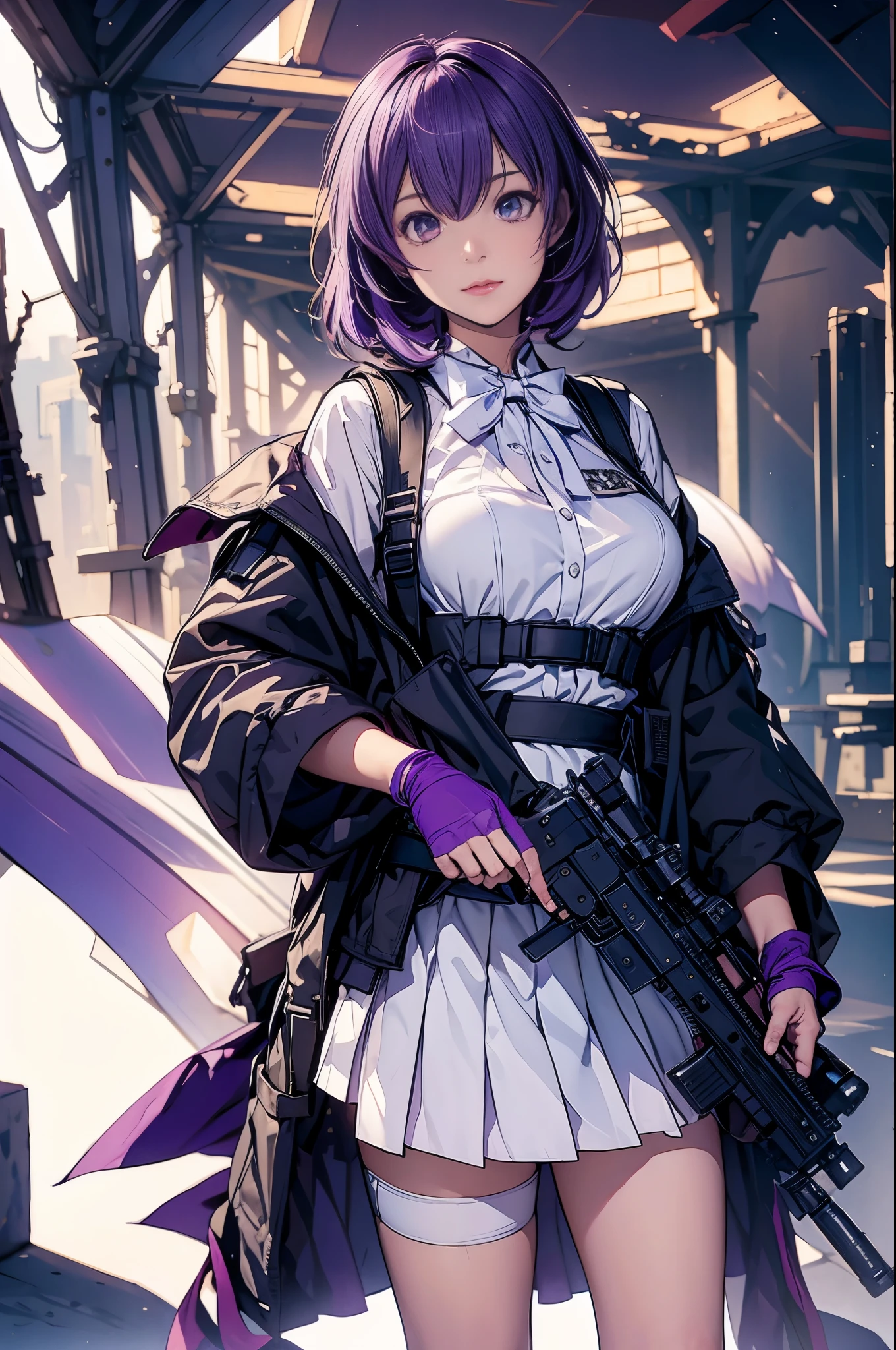 1girl, solo, short hair, skirt, shirt, gloves, white background, bow, holding, , purple eyes, white shirt, weapon, purple hair, pleated skirt, shoes, black gloves, socks, bowtie, holding weapon, gun, sneakers, holding gun, armband, rifle, grey skirt, headset, assault rifle, grey gloves, load bearing vest
