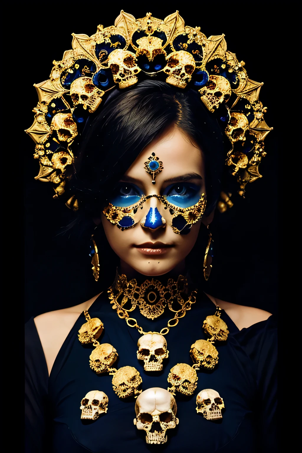 mandelbrot fractal made of skulls and beautiful women, gold and blue with fine details