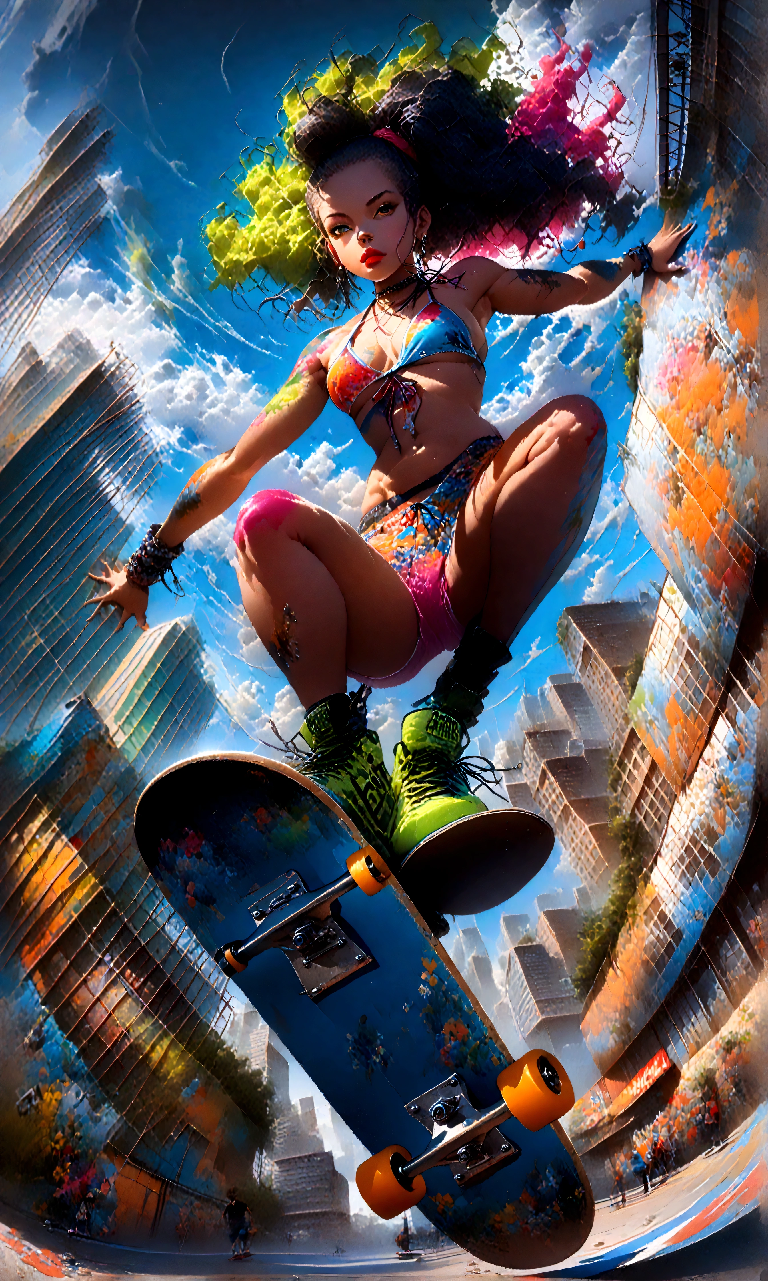 ((masterpiece)), "A conceptual illustration of an 18-year-old girl bimbo in a stylish bikini, striking a confident pose on a skateboard at a vibrant city skate park. The artwork is full of life and motion, blending urban graffiti art and bold, expressive color palettes. The scene captures the essence of youth culture and freedom, with a background of colorful murals and bustling city life. (Vibrant:1.4), (urban style:1.3), (dynamic:1.2), (skateboarding theme:1.3), (illustrative:1.5), (Digital Painting:1.4), (ArtStation trending style), (4K resolution), (Wide-Angle shot)." bimbo