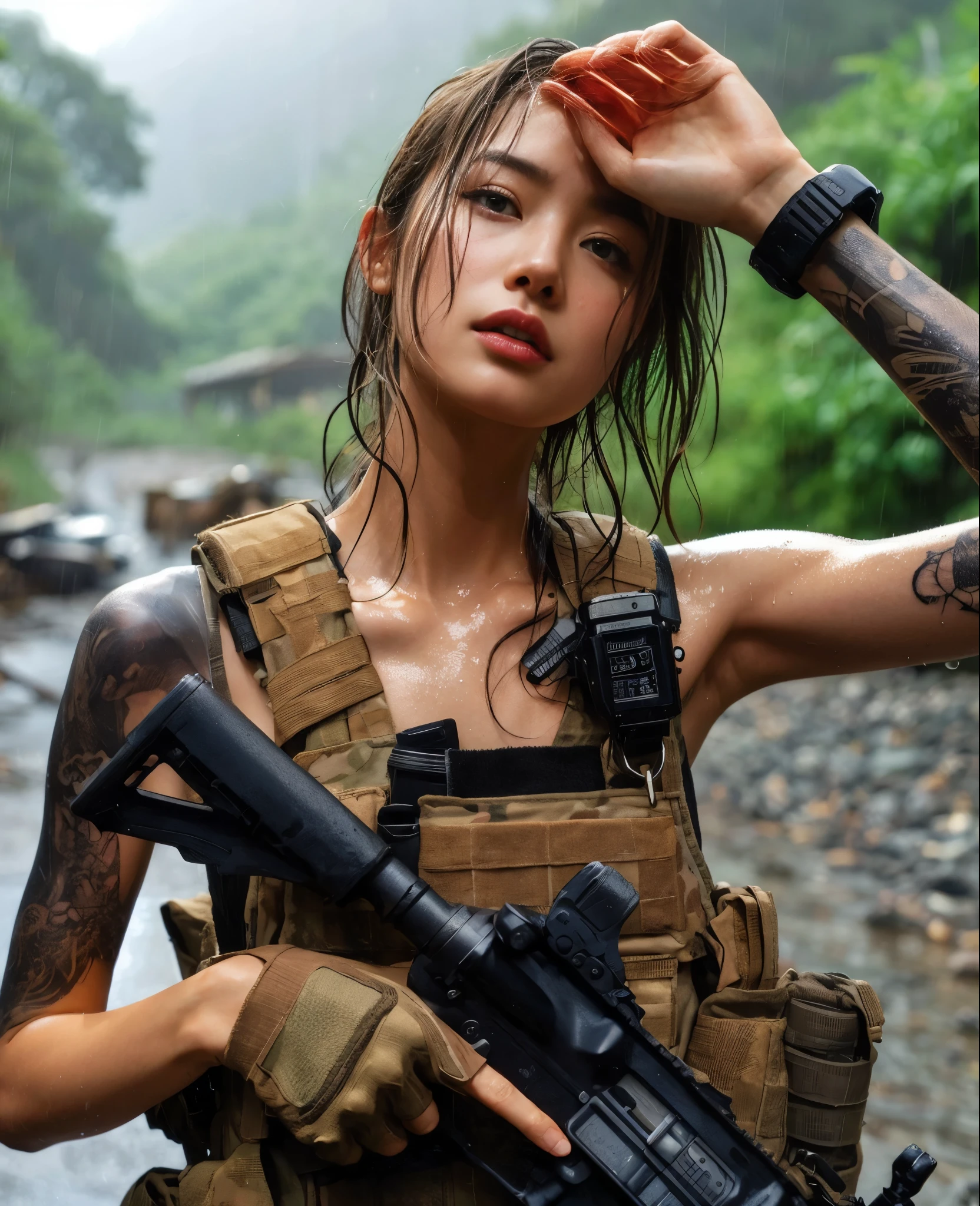 8k,Realistic Photo、Realistic Skin Texture、Superrealism、Japanese women in the US Special Forces、jungle、rifle、Meeting with teammates to confirm strategy、Vigilance、after the rain、Bulletproof vest、Watch on left arm、Tshirt、Military Pants、jungleブーツ、Tattoo、humidity、Sweat running down my face、gesture、discussion、Dynamic pose、