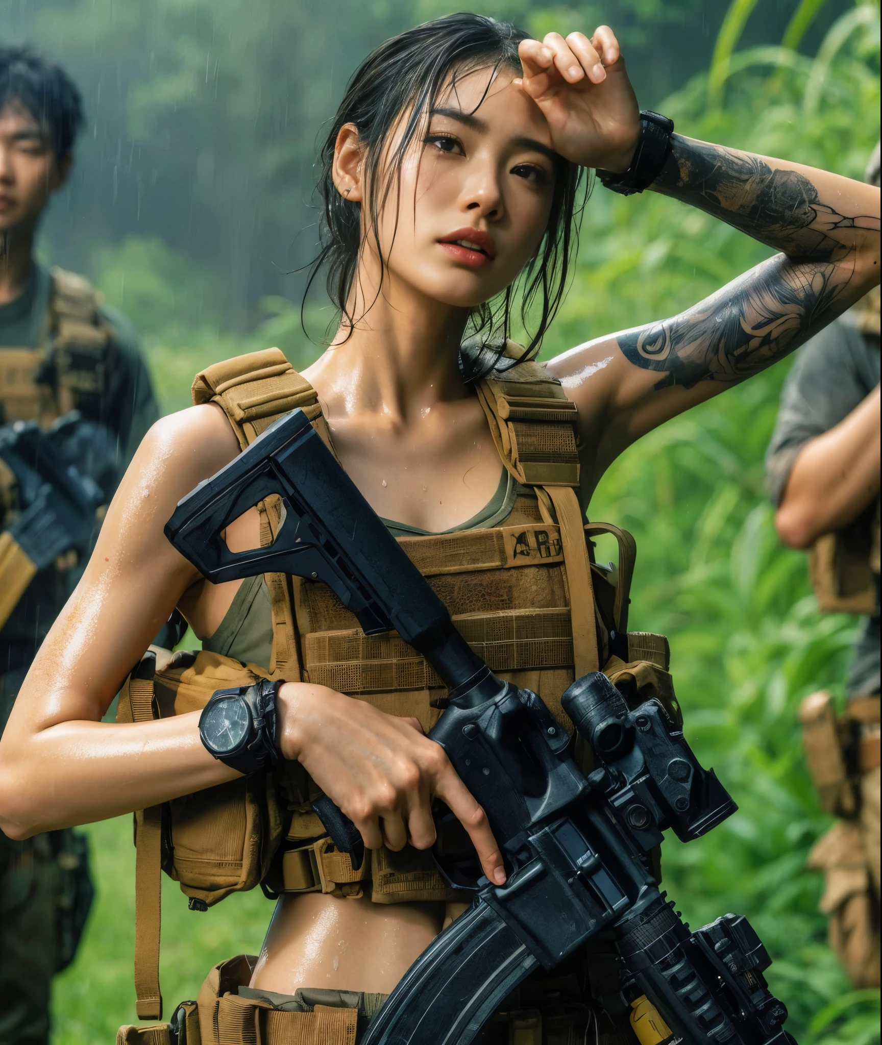 8k,Realistic Photo、Realistic Skin Texture、Superrealism、Japanese women in the US Special Forces、jungle、rifle、Meeting with teammates to confirm strategy、Vigilance、after the rain、Bulletproof vest、Watch on left arm、Tshirt、Military Pants、jungleブーツ、Tattoo、humidity、Sweat running down my face、gesture、discussion、Dynamic pose、