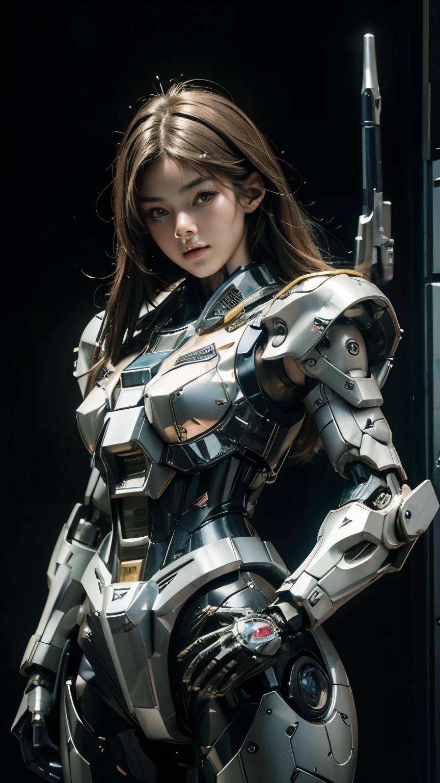 Textured skin, Super Detail, high details, High quality, Best Quality, hight resolution, 1080p, hard disk, Beautiful,(Gundam),beautiful cyborg woman,Mecha Cyborg Girl,Battle Mode,Girl with a Mecha Body,She wears a futuristic Gundam mecha,Fulll body Shot