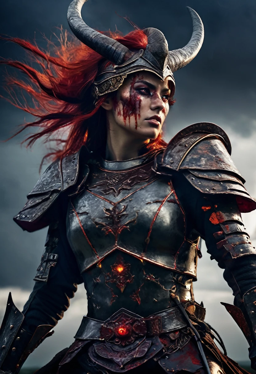 Beautiful female warrior from hell, Armor with great attention to detail, Detailed face, Stern expression, Glowing red eyes, Fiery Hair, Primitive clothing, A helmet with large goat horns, Platinum Breastplate, Scars of battle, Muscular, With a bloody sword, Dark cloudy sky, Lightning strikes, Ruins and destruction in the background, Moody lighting, Structure of the film, Digital Art, Very detailed, Realistic, A calming color palette, Dark fantasy, slim, Different space