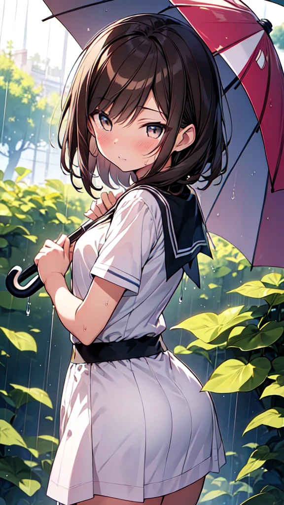 highest quality, masterpiece, Ultra-high resolution, 8k,Rainy Sky,,((I am holding an umbrella and gazing at the leaves of a morning glory)),There is a snail on the morning glory leaf,light smile,
Show anime style , girl１people, Soft Line Art, Digital Enhancement, shojo anime touch, shojo manga core, Flowing fabric, close, Soft Drawing, Ultra-Definition Digital Anime Art, Clear facial depiction, Super detailed girl cartoon character art, Ultra-detailed manga style, highest qualityの色,
 (Short brown hair), Wet Hair,Staring at us from the front,Beautiful brown hair, Clear brown eyes, Slightly chubby,Small breasts,The butt is small