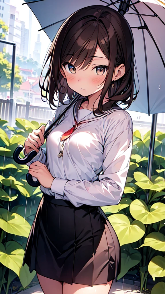 highest quality, masterpiece, Ultra-high resolution, 8k,Rainy Sky,,((I am holding an umbrella and gazing at the leaves of a morning glory)),There is a snail on the morning glory leaf,light smile,
Show anime style , girl１people, Soft Line Art, Digital Enhancement, shojo anime touch, shojo manga core, Flowing fabric, close, Soft Drawing, Ultra-Definition Digital Anime Art, Clear facial depiction, Super detailed girl cartoon character art, Ultra-detailed manga style, highest qualityの色,
 (Short brown hair), Wet Hair,Staring at us from the front,Beautiful brown hair, Clear brown eyes, Slightly chubby,Small breasts,The butt is small