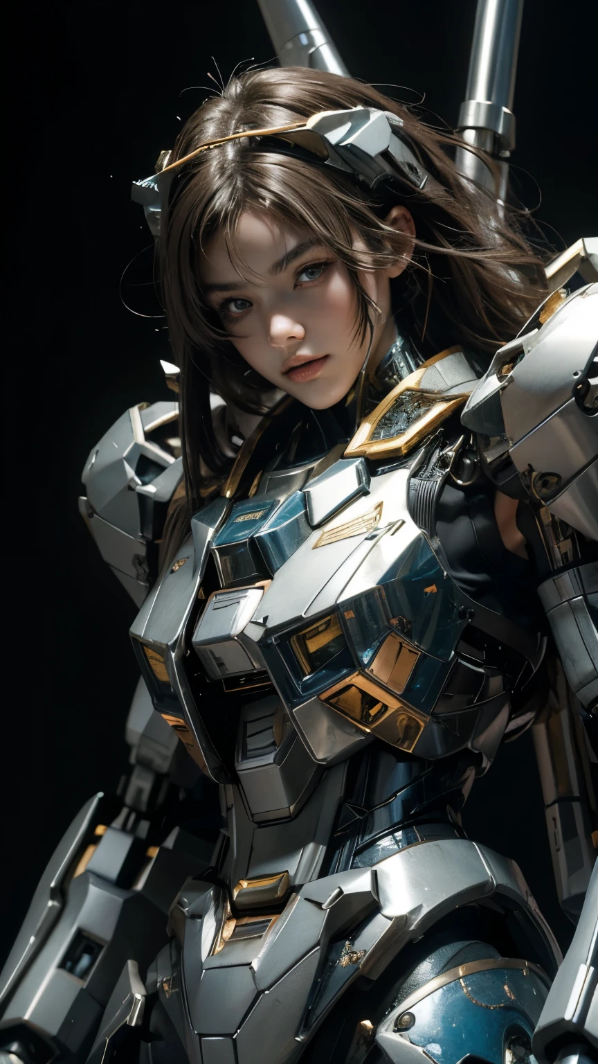 Textured skin, Super Detail, high details, High quality, Best Quality, hight resolution, 1080p, hard disk, Beautiful,(Gundam),beautiful cyborg woman,Mecha Cyborg Girl,Battle Mode,Girl with a Mecha Body,She wears a futuristic Gundam mecha,Fulll body Shot
