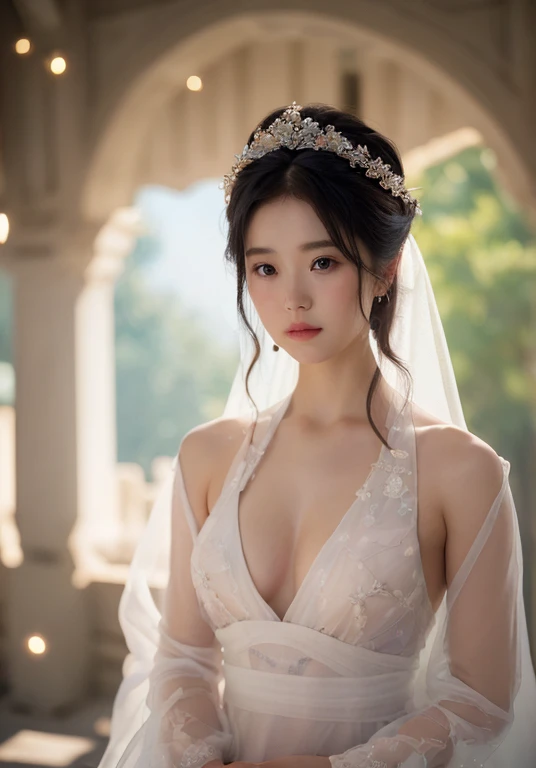 1girl, (beauty breast), (upper body), ((very transparent) Hanfu), (erotic_pose), indoor bedroom castle (blur background), (masterpiece),leejieun, (aphrodite goddess), pretty young face (Russian) (Asian), adept art, very best quality detailed face:1.5, (8k HD graphic, (soft and chill light), best quality detailed ultra highres:1.2 dynamic lighting, artstation, winner photography, volumemetricslighting),