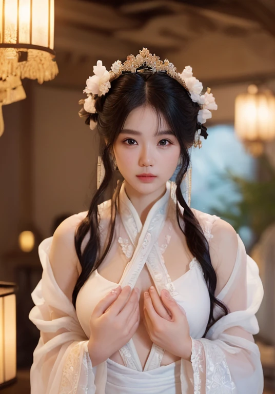 1girl, (beauty breast), (upper body), ((very transparent) Hanfu), (erotic_pose), indoor bedroom castle (blur background), (masterpiece),leejieun, (aphrodite goddess), pretty young face (Russian) (Asian), adept art, very best quality detailed face:1.5, (8k HD graphic, (soft and chill light), best quality detailed ultra highres:1.2 dynamic lighting, artstation, winner photography, volumemetricslighting),