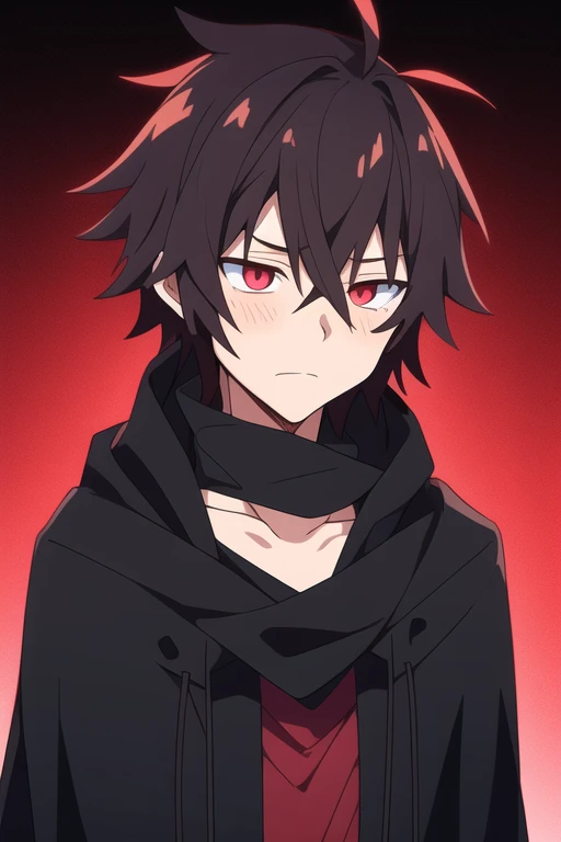 Miserable, Anime male, dark red messy hair, dark red blank gradient eyes, tired face expression, black torn cloak, cool, black long torn scarf, black torn hoodie, cold-hearted, black gloves, Unemotional face expression,
((best quality))