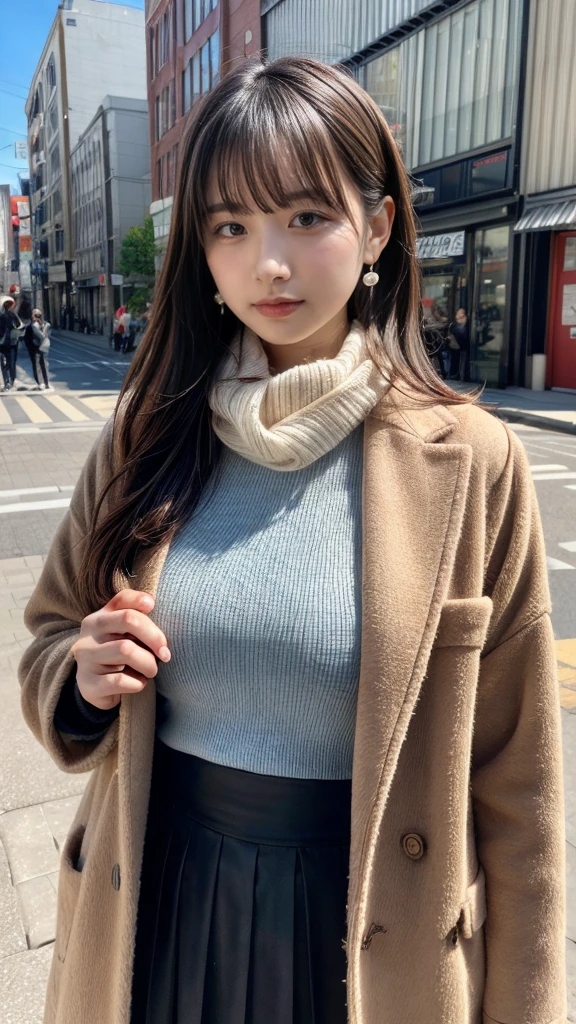 blush,random hair,big ribbon in her hair,(8k, RAW photo, highest quality, pieces fly:1.2), (reality, realistic:1.4), ,sharp focus on huge tits, written boundary depth, cinematic lighting, soft light, Details beauty eye,shiny and smooth skin, asymmetrical bangs, shiny skin, super dense skin ,High resolution, high detail, detailed hairstyle, detailed beauty face, hyper real, perfect limbs, perfect anatomy ,1 Japanese girl,famous japanese idol, perfect female body,crying a little, short eyelashes,double eyelid,look straight here,,wear a ribbon, wearing a scrunchie,wearing a long coat,street,stand up straight and face me,so that the whole body can be seen,winter,warm clothes,look straight at me,wearing a scarf,european cityscape,cobblestone road,big chest、wearing earrings